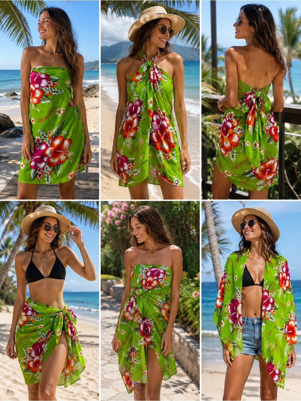 Aloha Fashion Hawaiian Floral Rayon Sarong Beach Wrap Pareo Green One Size